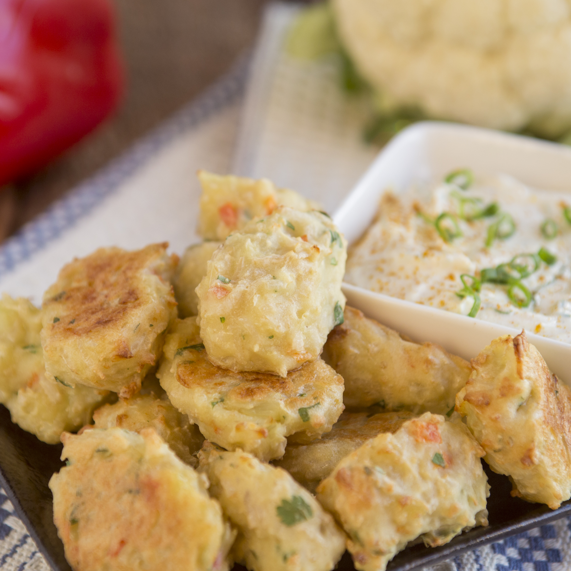 Brown Basmati Rice and Cauliflower Tots with Curried Yogurt Dip