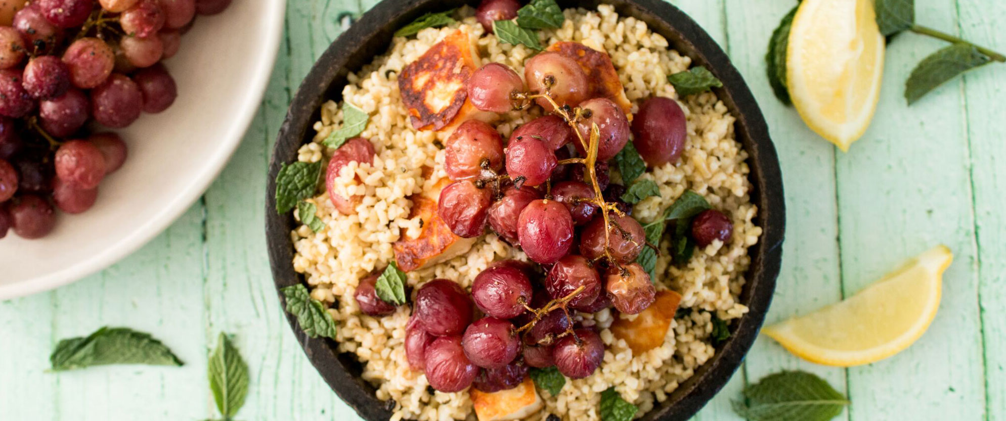 Freekeh With Roasted Grapes, Halloumi, and Mint - ecoLife